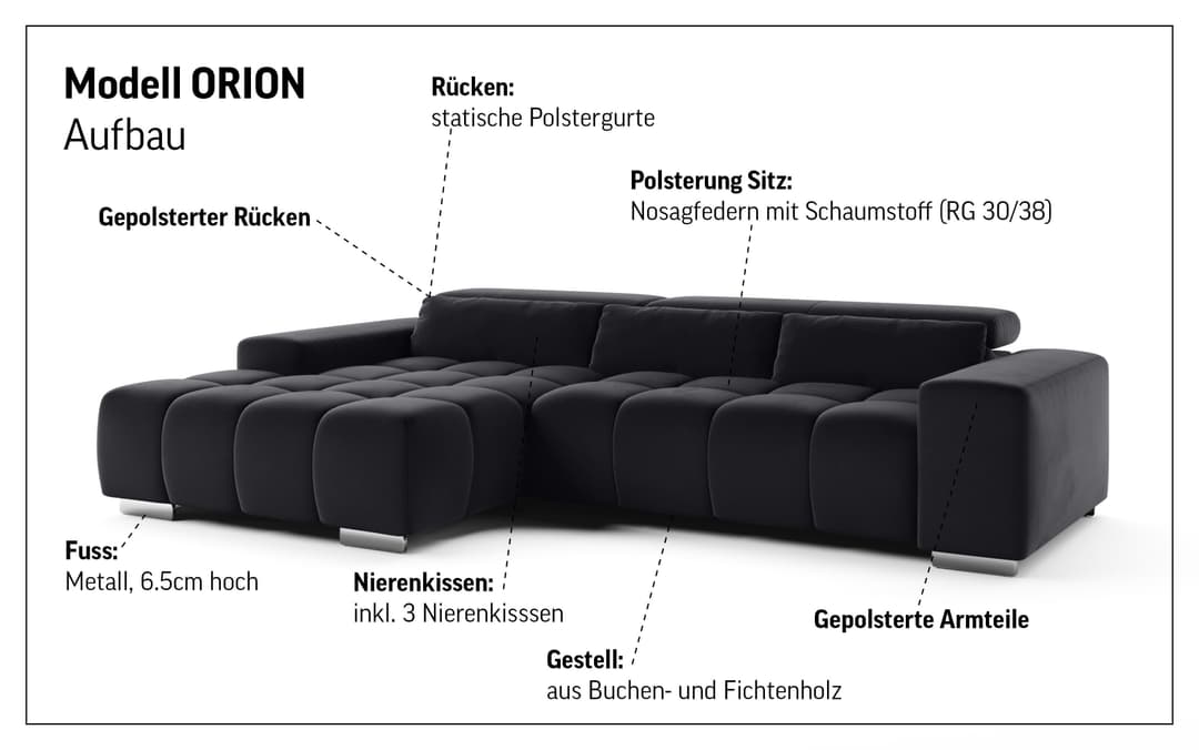 COTTA Ecksofa Orion L-Form | Schwarz