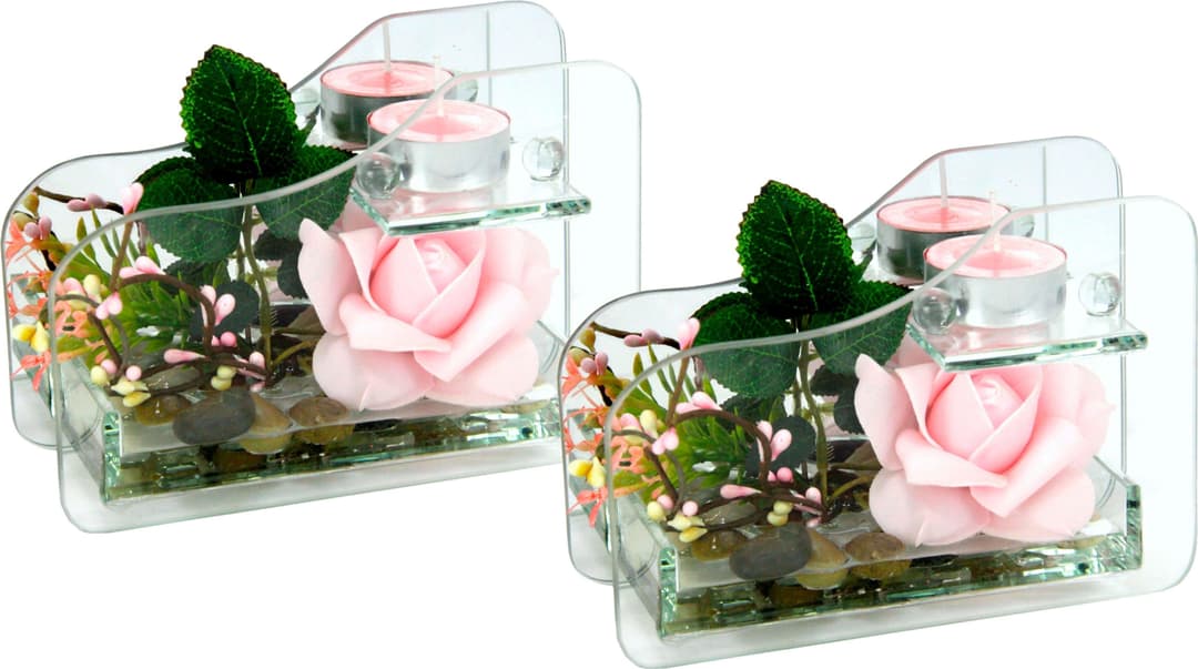Kunstpflanze Rose im Glas mit Teelicht | Rosa