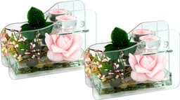 Kunstpflanze Rose im Glas mit Teelicht | Rosa