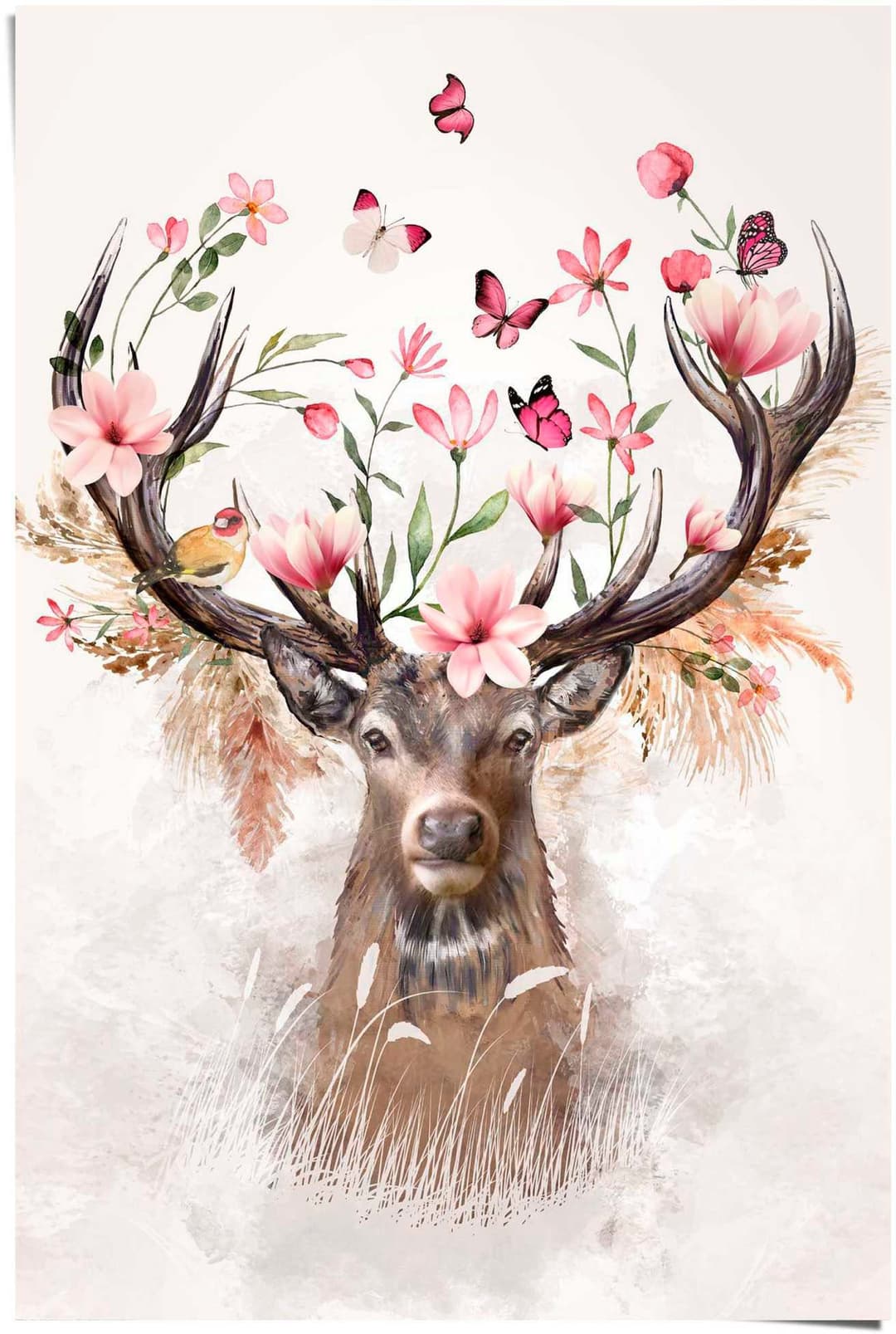 Reinders! Poster Hirsch in Blumen | Mehrfarbig
