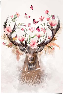 Reinders! Poster Hirsch in Blumen | Mehrfarbig