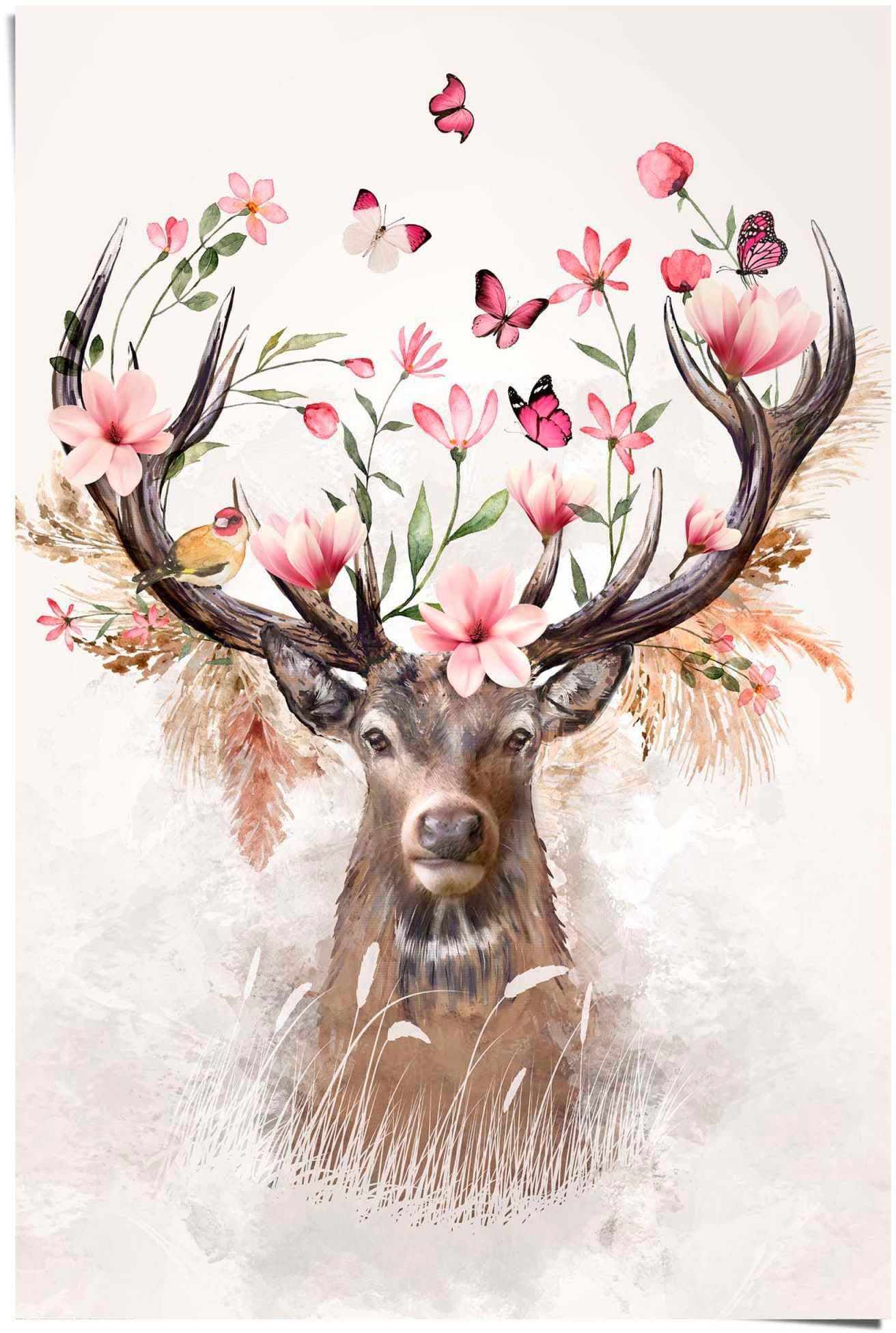 Reinders! Poster Hirsch in Blumen | Mehrfarbig