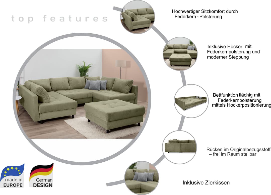 COLLECTION AB Wohnlandschaft Toni U-Form | Braun