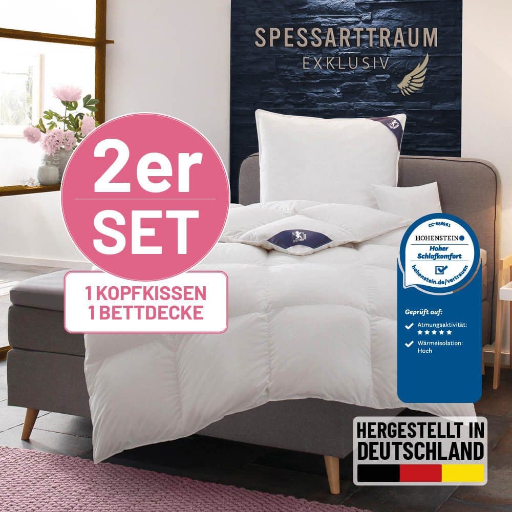 SPESSARTTRAUM Daunenbettdecke + 3-Kammer-Kopfkissen Exklusiv | Weiß
