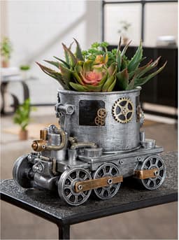 GILDE Übertopf Lokomotive Steampunk Engine planter | Silber