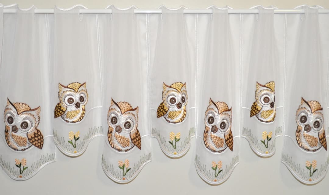Stickereien Plauen Scheibengardine Eulen | Beige