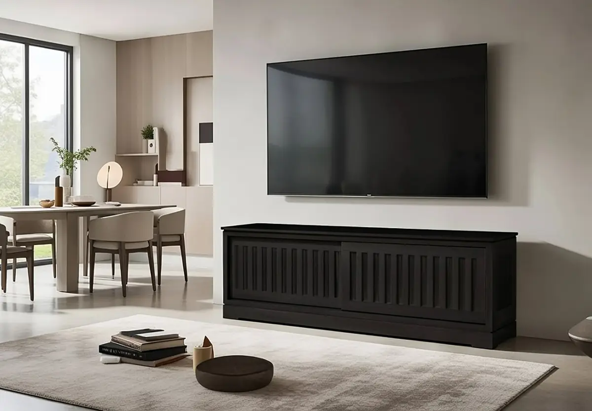 TV-Lowboard Geriffelt Pinie Massiv, gebürstet Schwarz/Schwarz