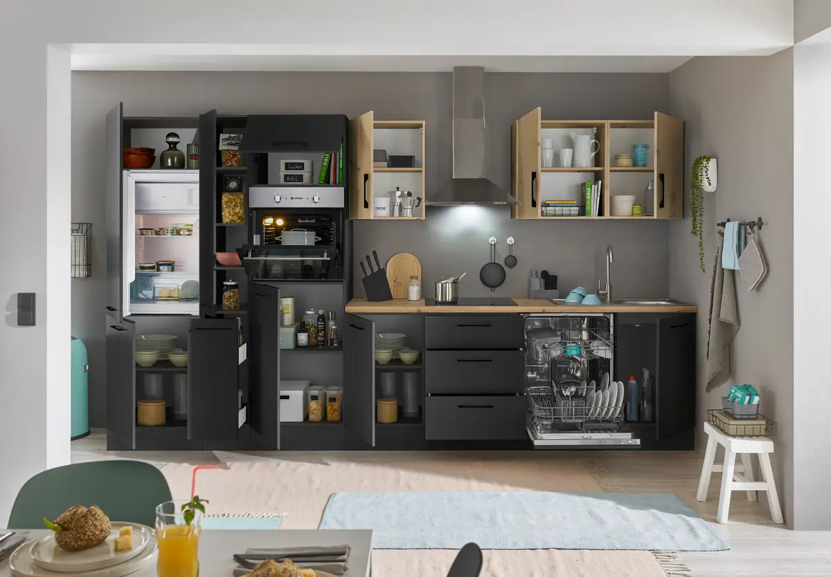 Küchenzeile Variante G 370cm | Schwarz