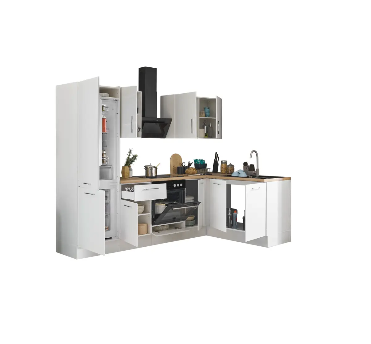 Eck-Küchenzeile Variante A 270cm Weiß/Matt Weiß Induktion mit