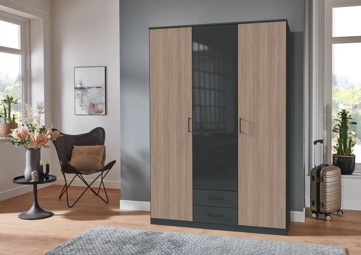 Drehtürenschrank Fulda 135cm Schwarz/Glas Grau | Grau