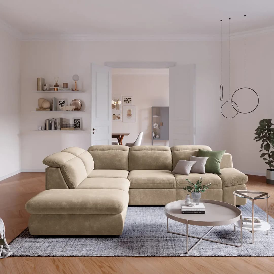 Ecksofa Okit mit Ottomane Beige Samt Grete | Beige