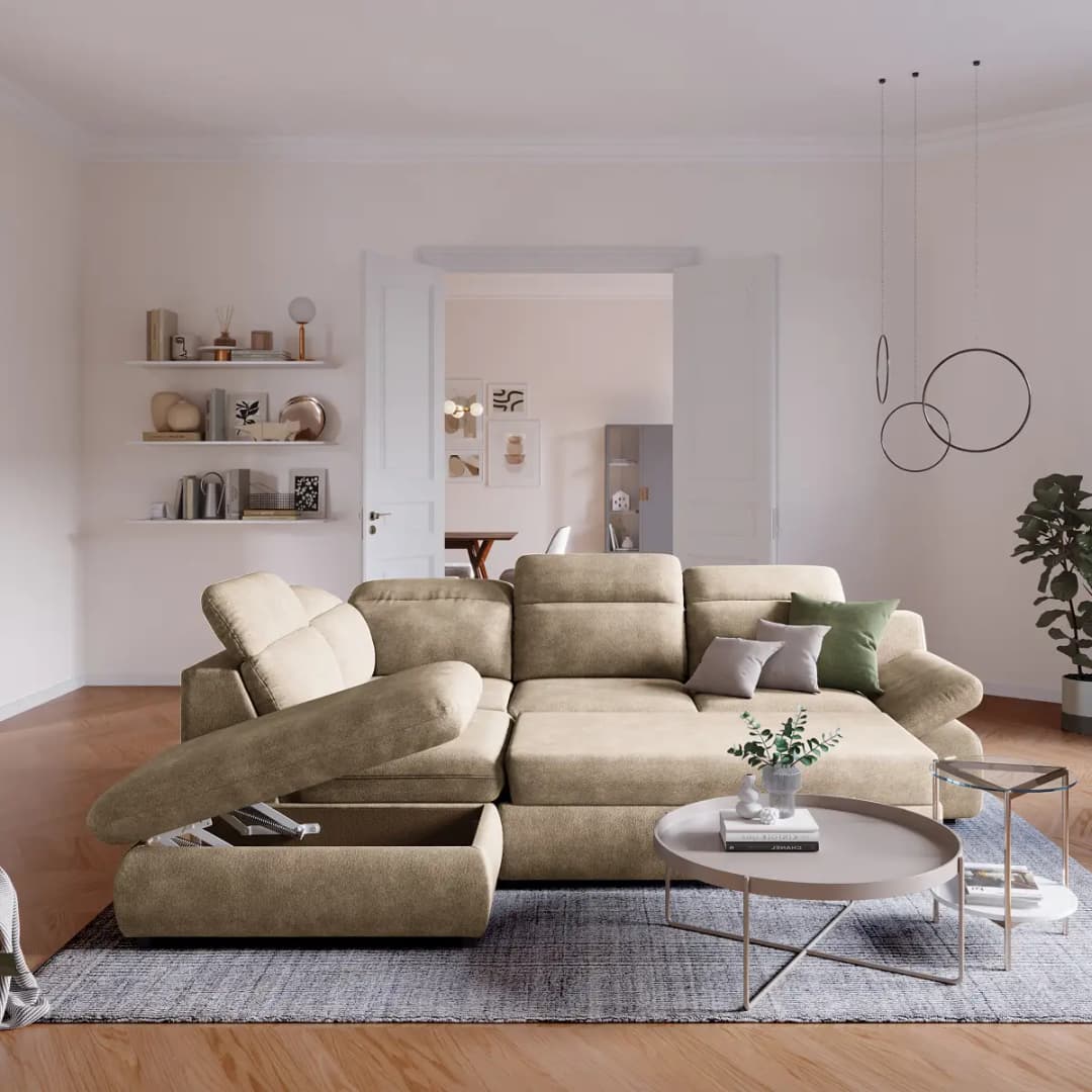 Ecksofa Okit mit Ottomane Beige Samt Grete | Beige