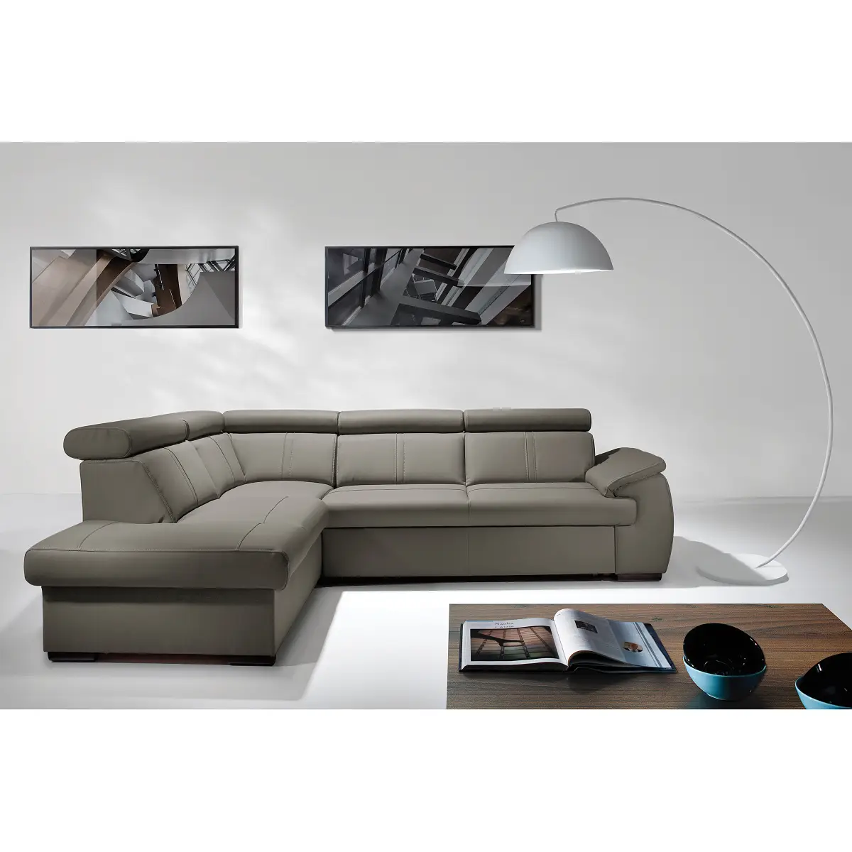 loftscape Ecksofa mit Schlaffunktion Typ A Grau/Sahara Echtleder Mabel