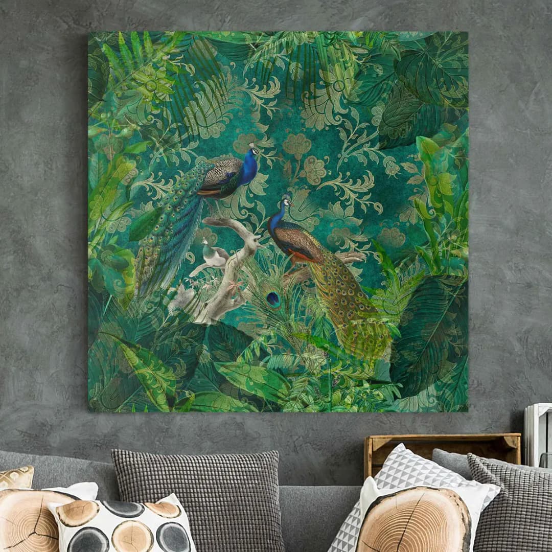 Leinwandbild Shabby Chic Collage Pfau II | Mehrfarbig