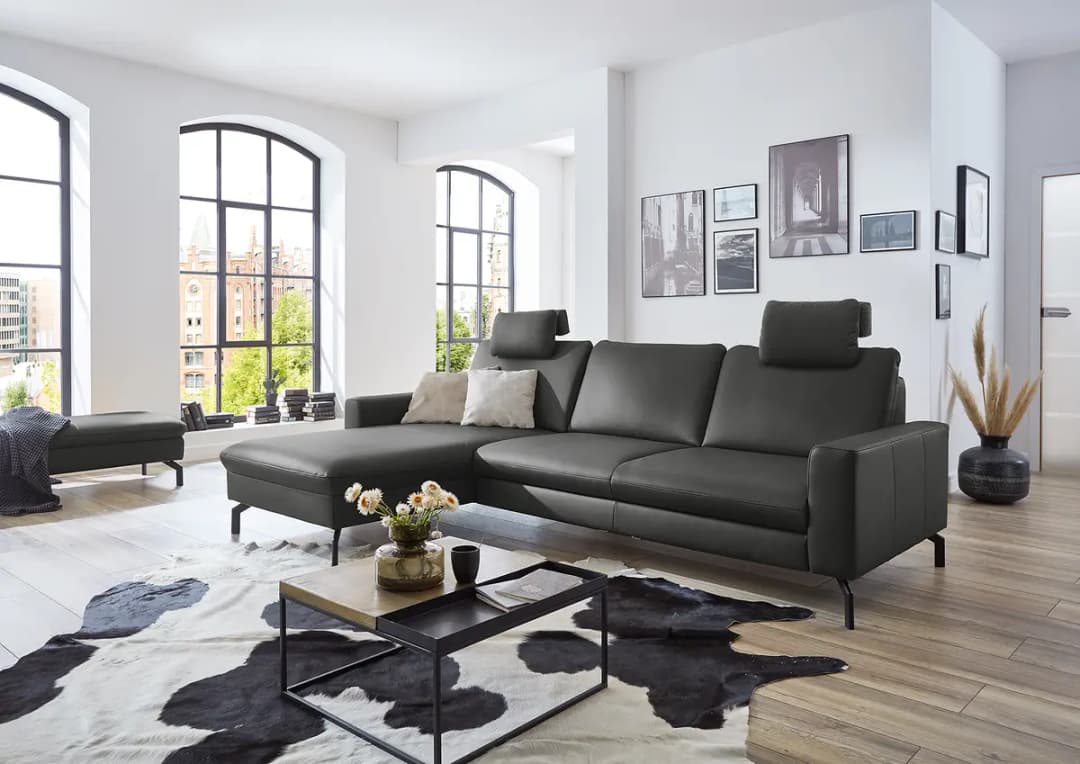 Ecksofa Kalahan mit Ottomane Grau Echtleder | Grau