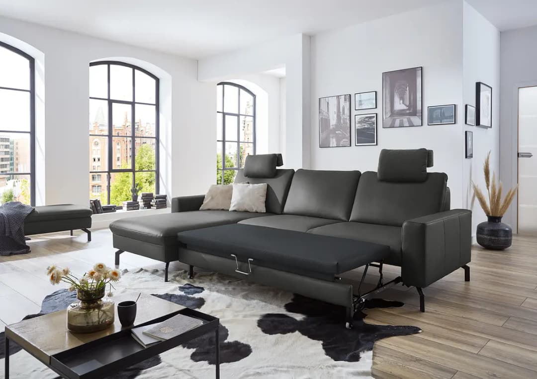 Ecksofa Kalahan mit Ottomane Grau Echtleder | Grau