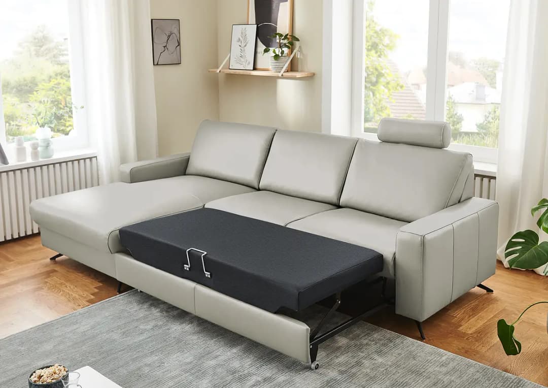 Ecksofa Wondina mit Ottomane Grau Echtleder Tomma | Grau