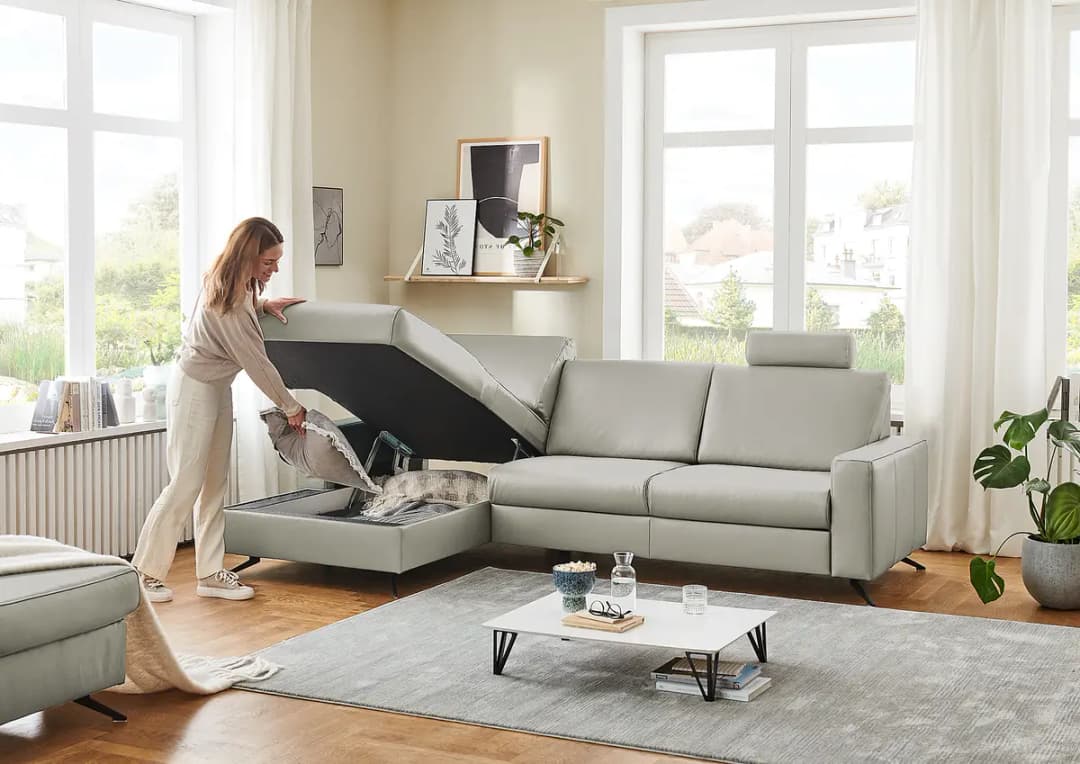 Ecksofa Wondina mit Ottomane Grau Echtleder | Grau