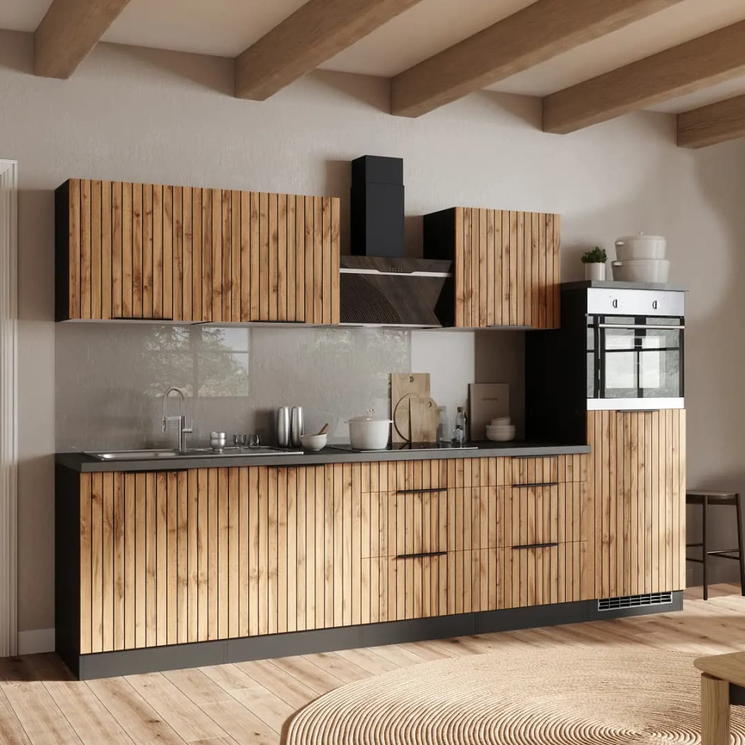Autarke Küchenzeile Liverpool Edelstahl 300cm Braun Induktion