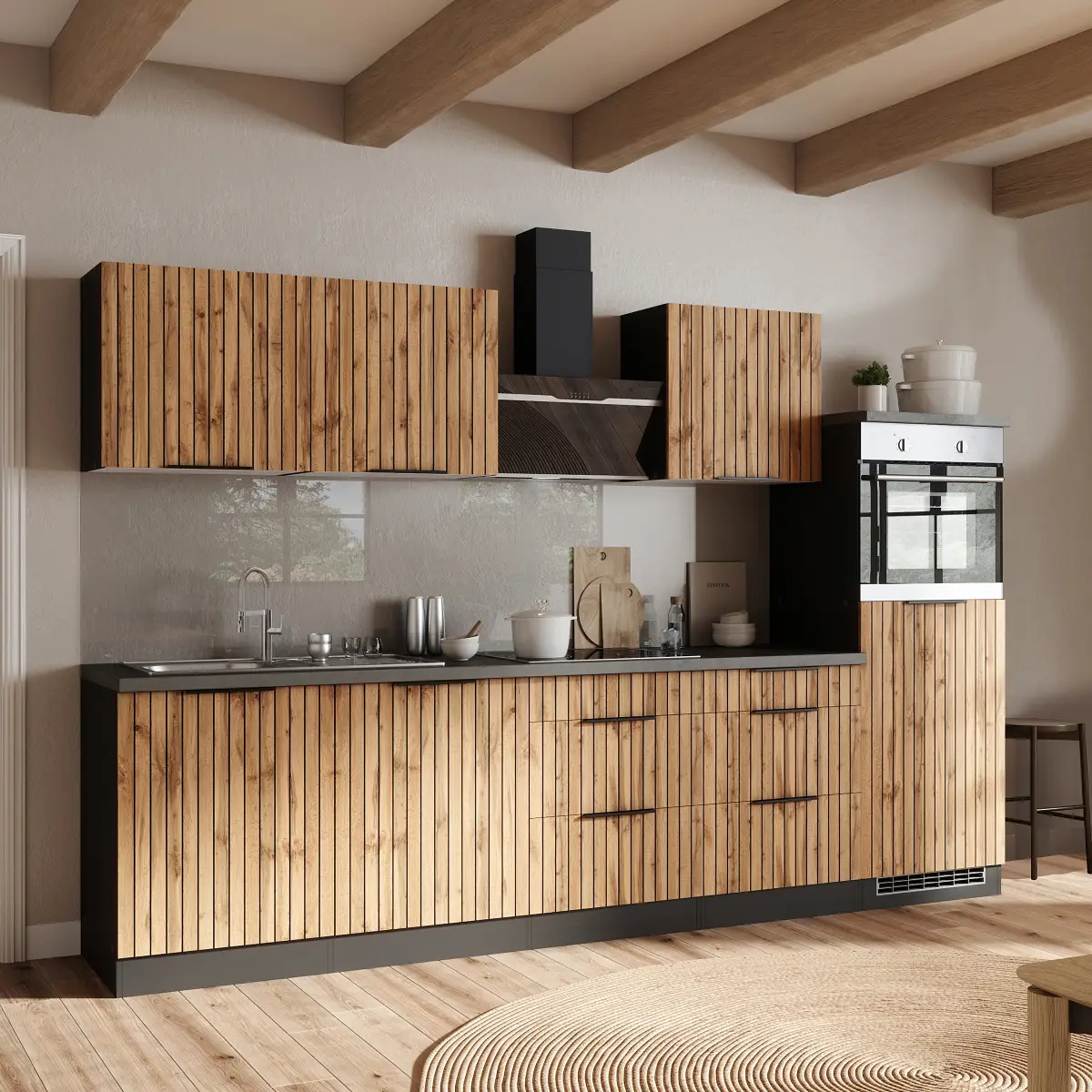 Autarke Küchenzeile Liverpool Edelstahl 300cm Braun Induktion
