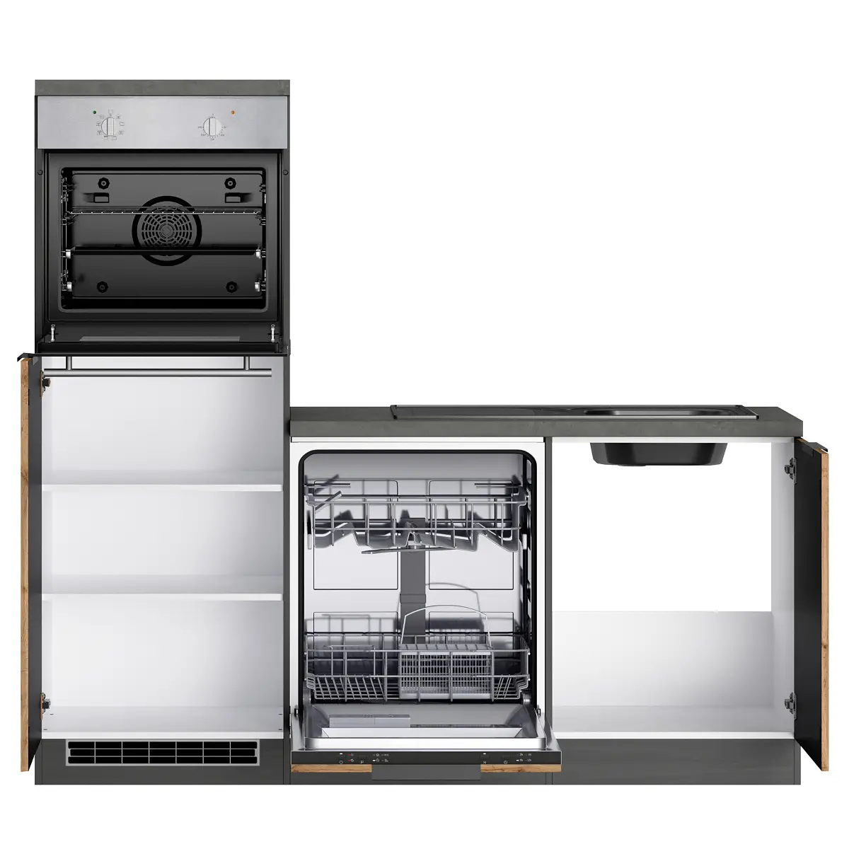 Autarke Eckküche Liverpool Schwarz 240cm Braun Glaskeramik mit
