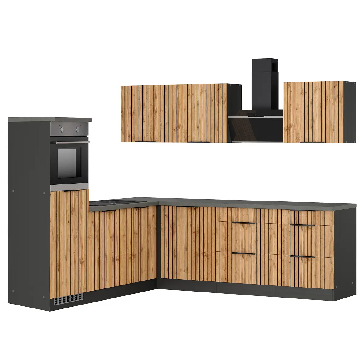 Autarke Eckküche Liverpool Schwarz 240cm Braun Glaskeramik mit