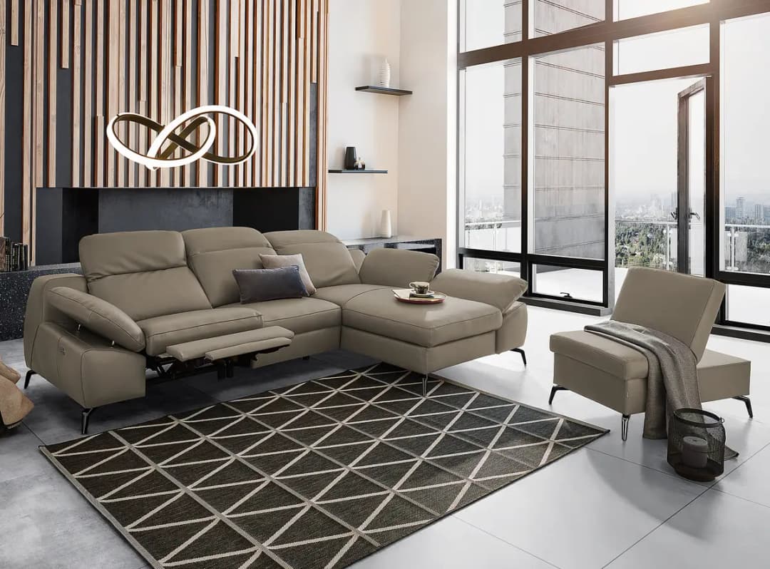 Fredriks Ecksofa mit Longchair Grau Echtleder Domna | Grau