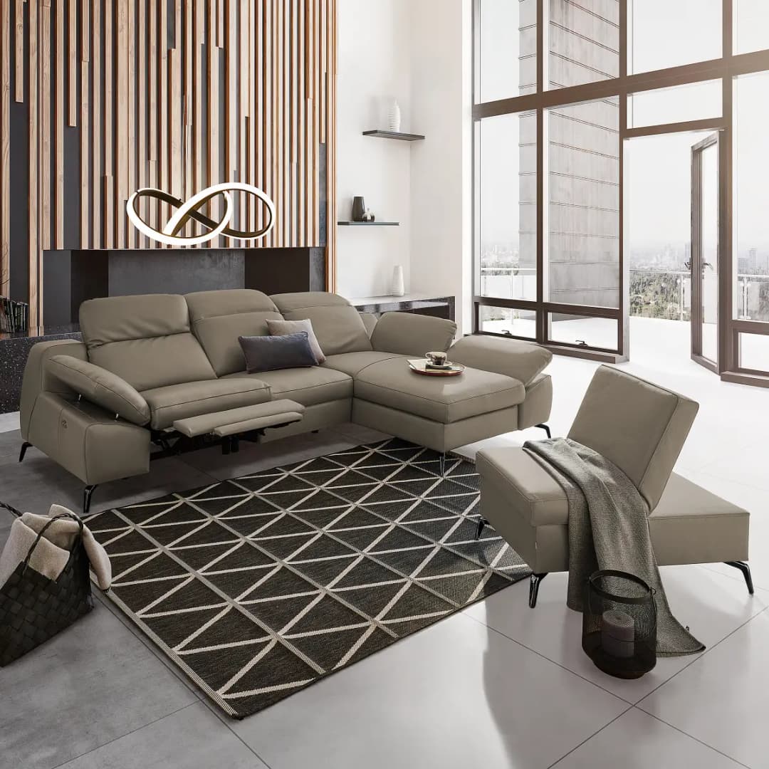 Fredriks Ecksofa mit Longchair Grau Echtleder Domna | Grau