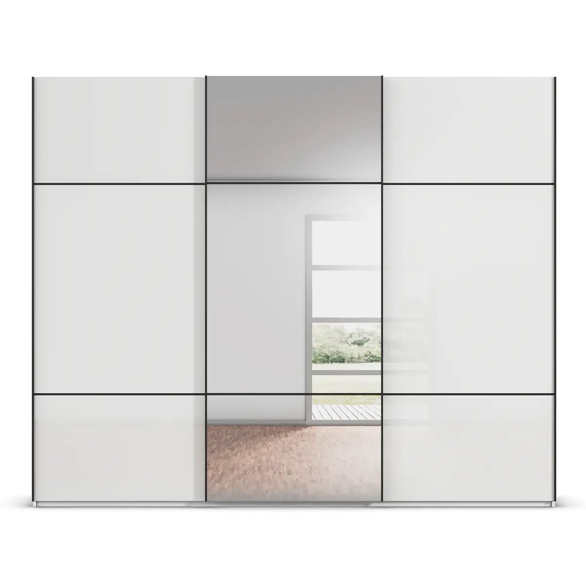 rauch Orange Schwebetürenschrank Covalo mit Glasfront 301cm Weiß/Weiß