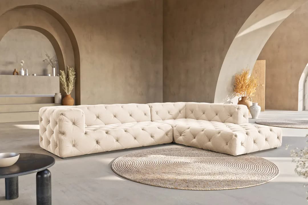 Ecksofa mit Ottomane Beige Samt Ravi | Beige