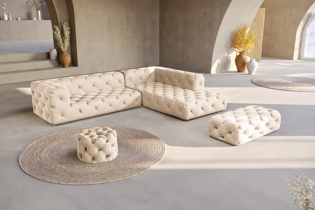 Ecksofa mit Ottomane Beige Samt Ravi | Beige