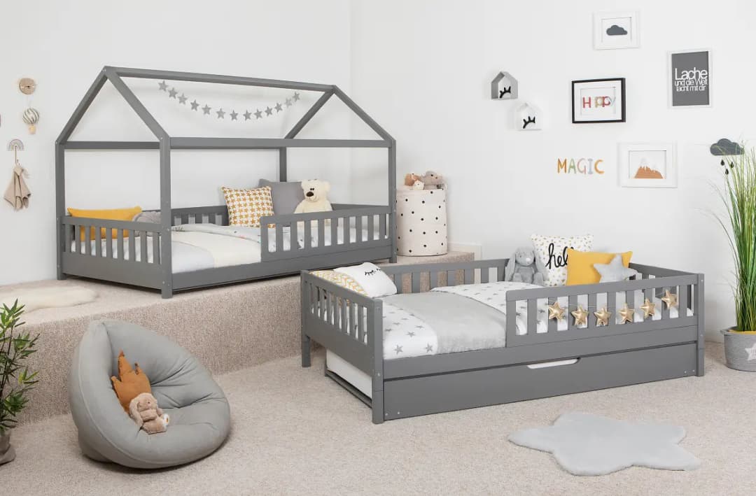 Ticaa Massives Hausbett Duo mit Zusatzbett 90 x 200cm | Grau