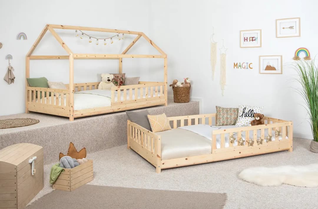 Ticaa Massives Hausbett Duo mit Zusatzbett 90 x 200cm | Holztöne