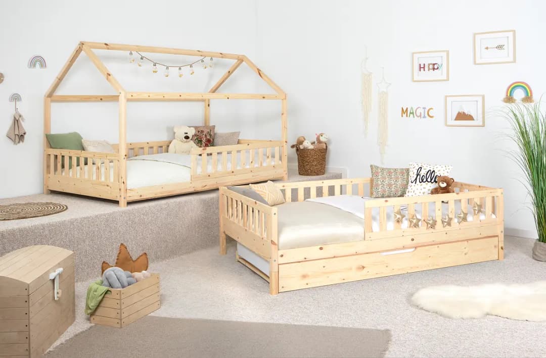 Ticaa Massives Hausbett Duo mit Zusatzbett 90 x 200cm | Holztöne