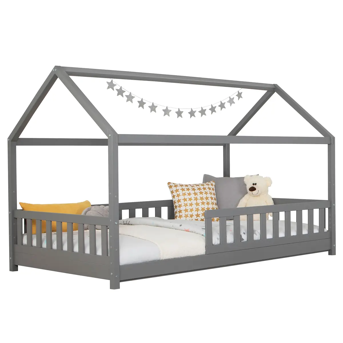 Massives Hausbett Duo mit Zusatzbett 140 x 200cm | Grau