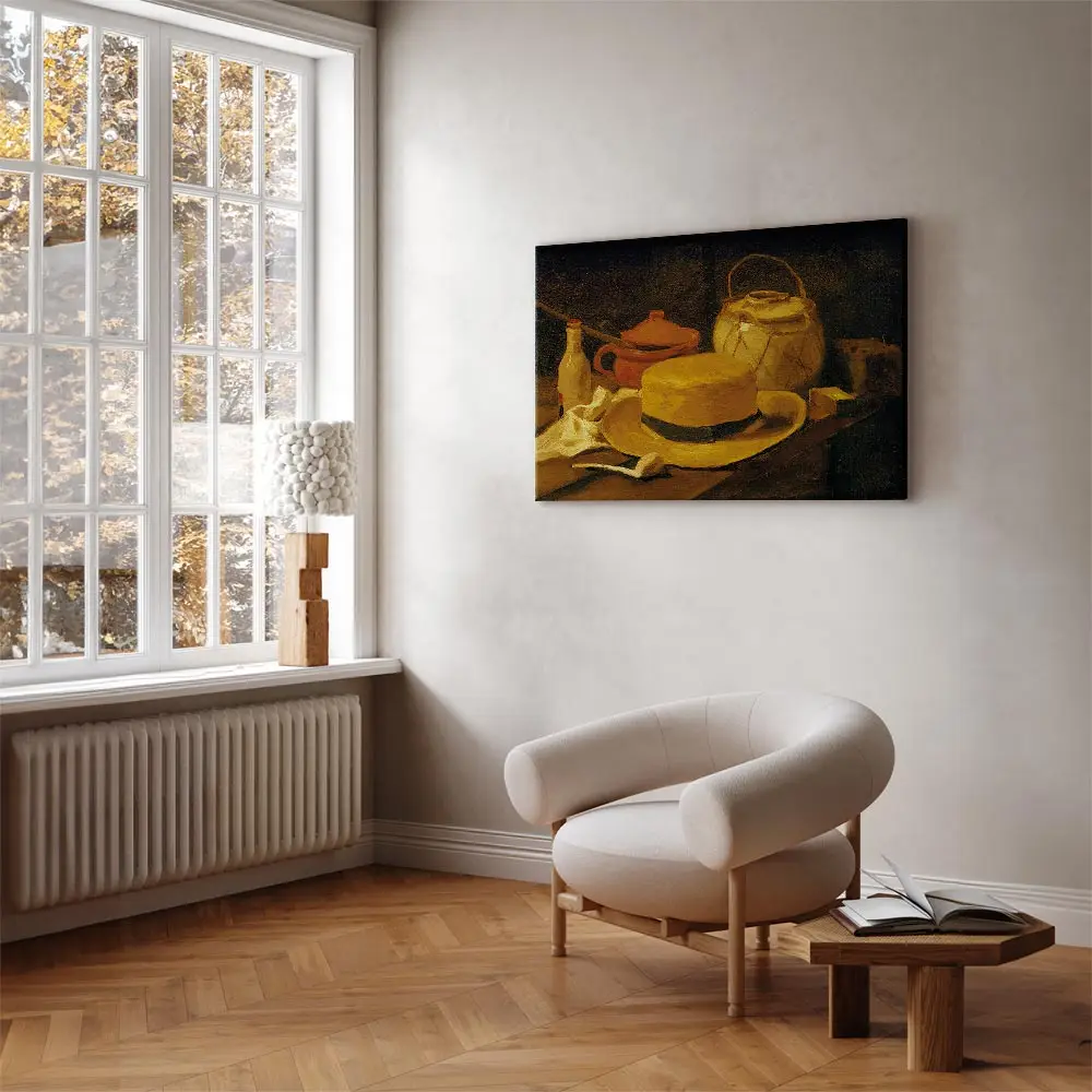 Leinwandbild Stilleben mit Strohhut Filz Gold/Gold 60 x 40cm | Braun