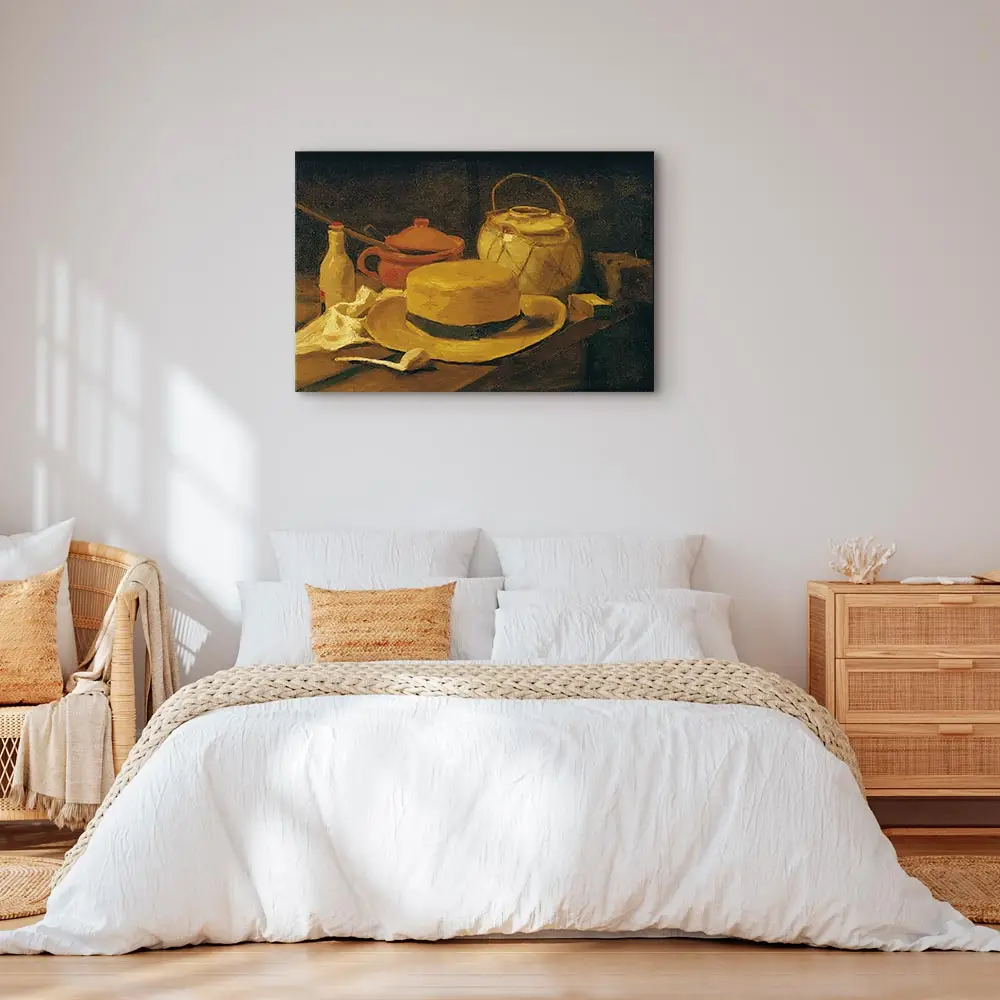 Leinwandbild Stilleben mit Strohhut Filz Gold/Gold 60 x 40cm | Braun
