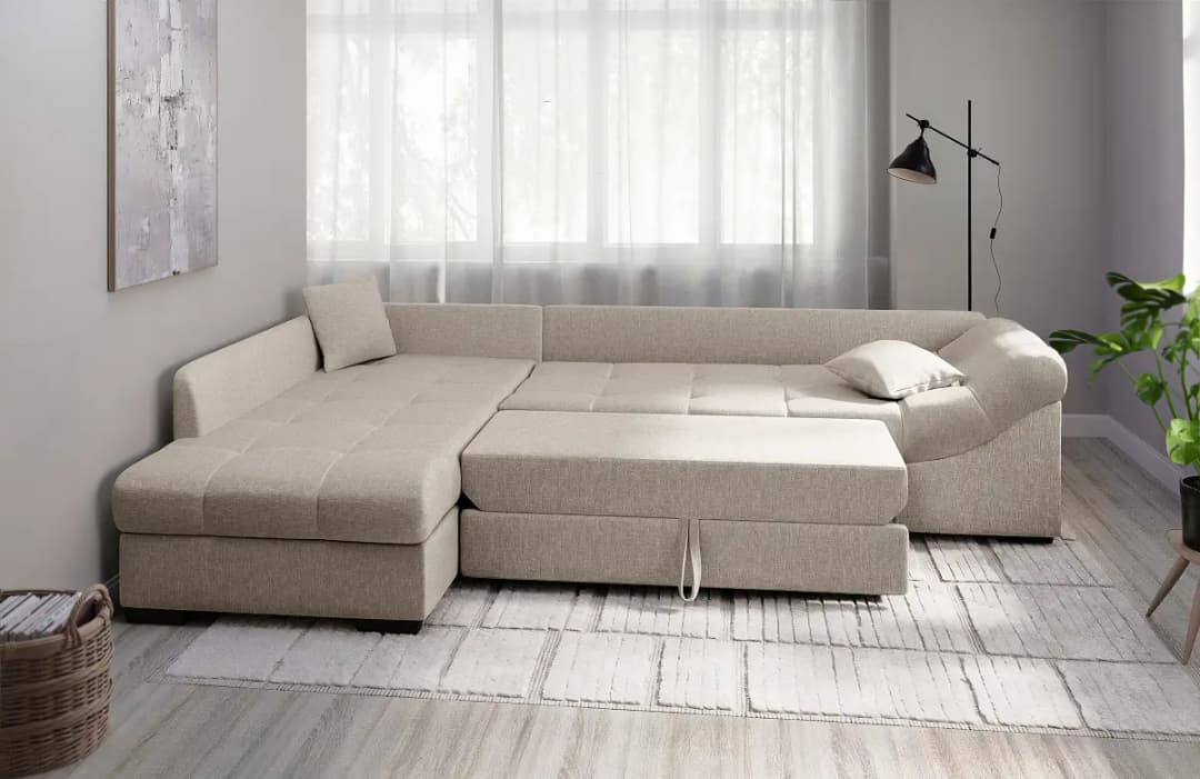 Fredriks Ecksofa mit Schlaffunktion Grau Strukturstoff Okka | Braun