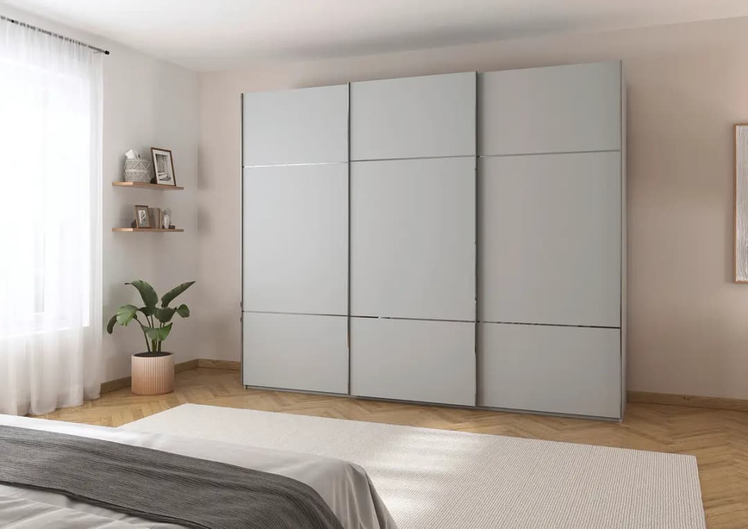 Schwebetürenschrank Covalo 271cm Grau/Seidengrau Chrom ohne