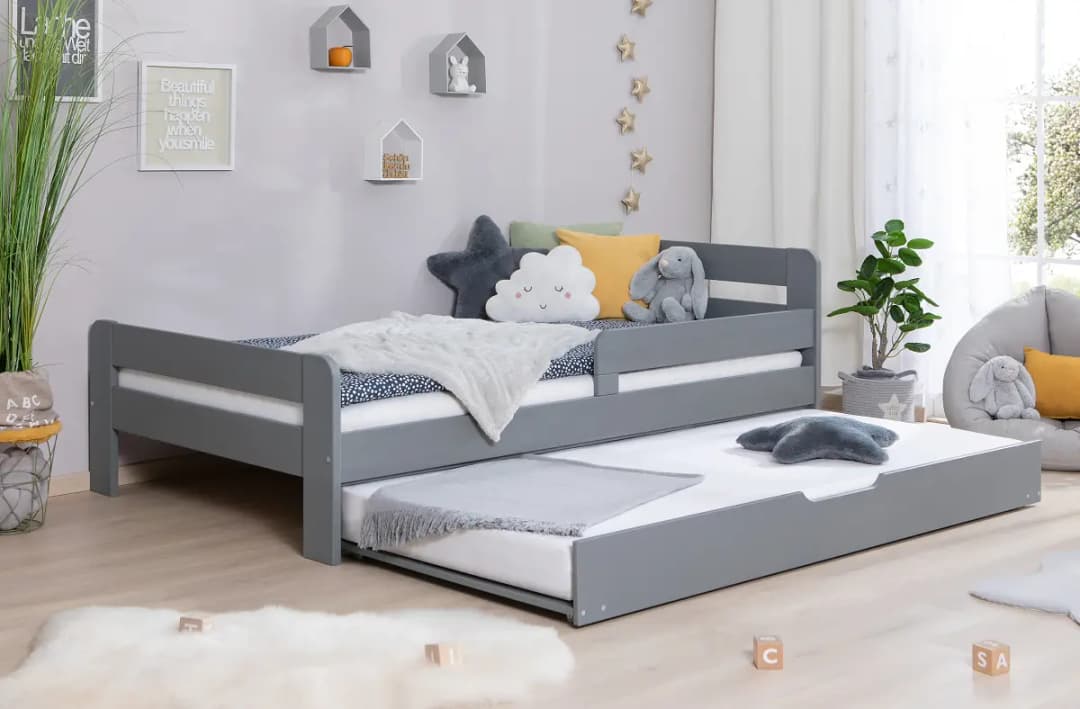 TiCAA Massivholzbett Bennet mit Zusatzbett | Grau