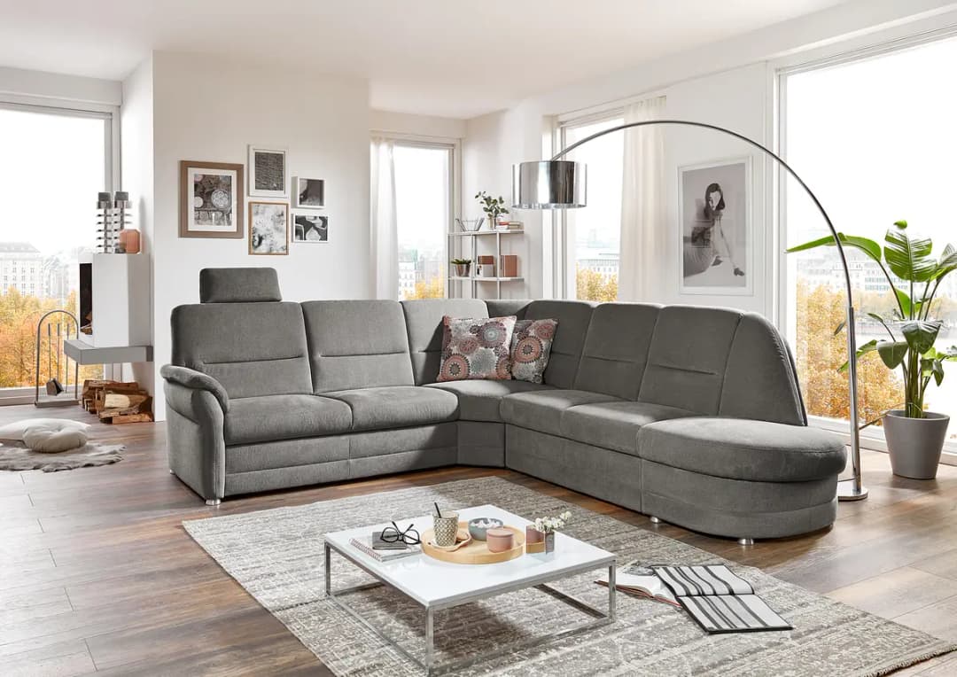 Fredriks Ecksofa mit Ottomane Grau Webstoff Porcia | Grau