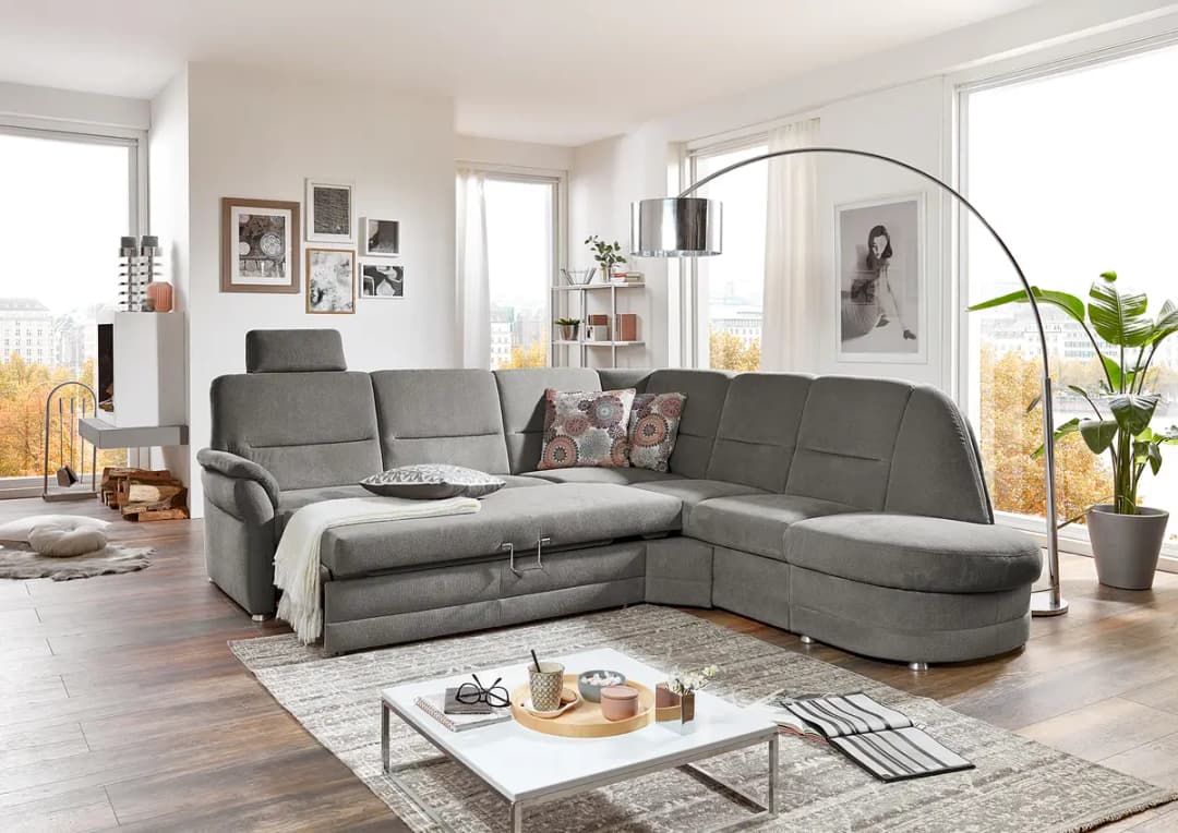 Fredriks Ecksofa mit Ottomane Grau Webstoff Porcia | Grau