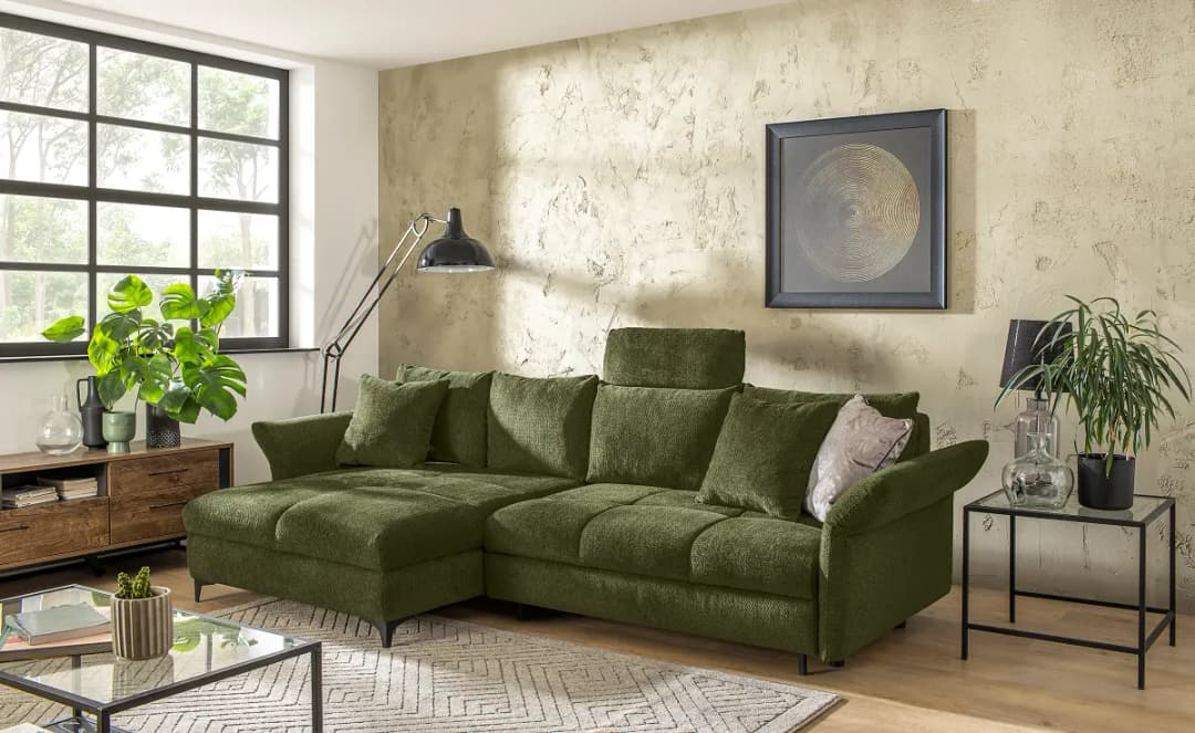 loftscape Ecksofa mit Schlaffunktion Grün Chenille Relana | Grün