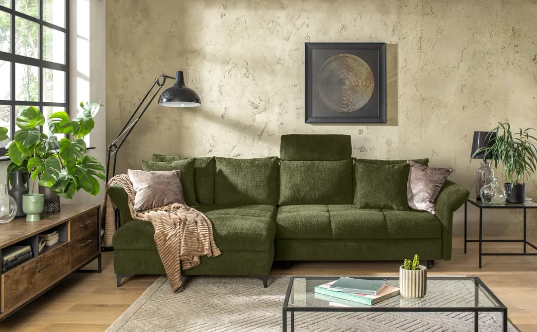 loftscape Ecksofa mit Schlaffunktion Grün Chenille Relana | Grün