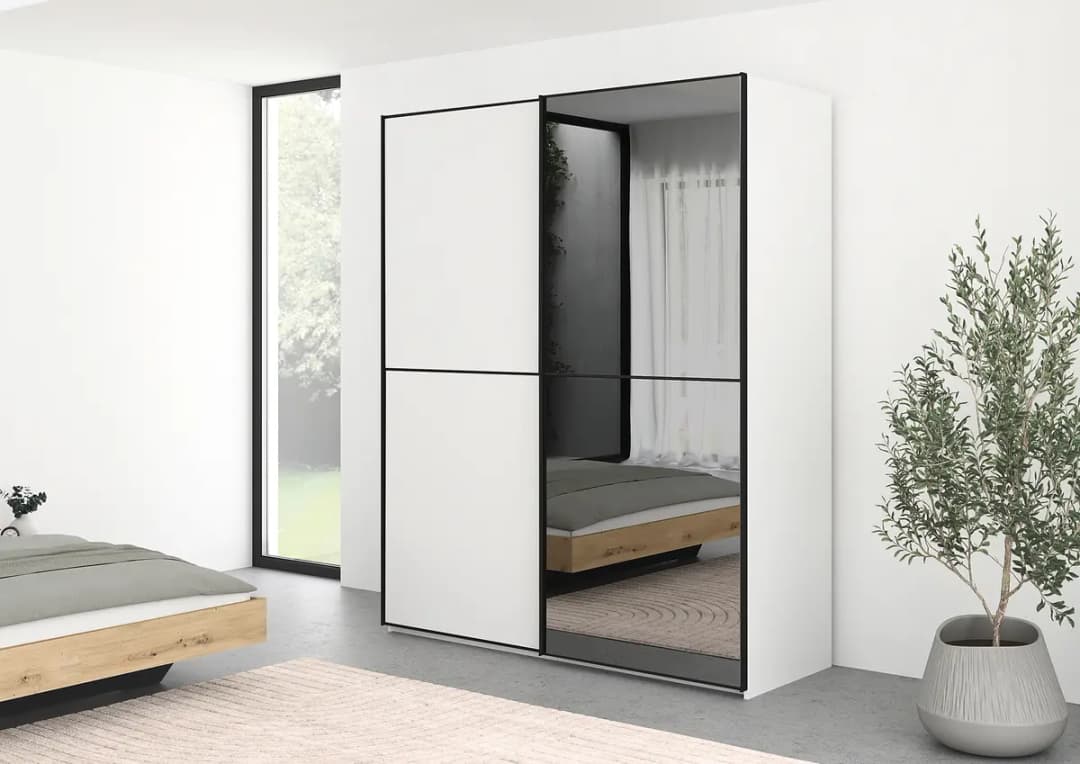 Schwebetürenschrank Lagaro 201cm Weiß/Alpinweiß Comfort Schwarz