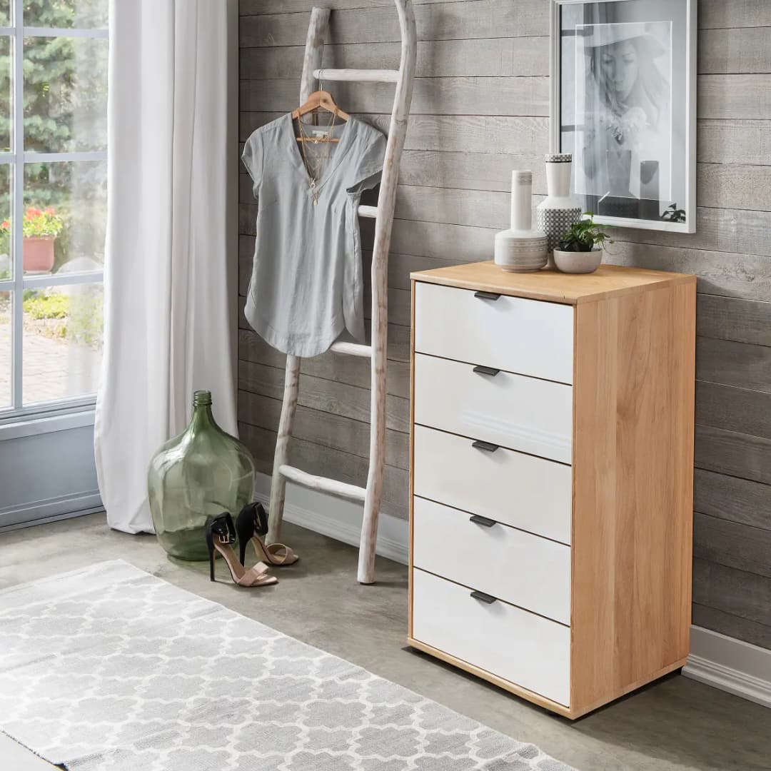 Kommode mit 5 Schubladen 40cm Braun/Weiß/Weiß Erle | Mehrfarbig