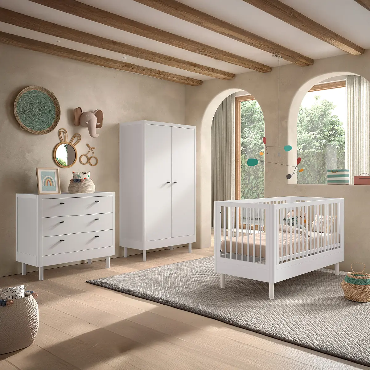 Babyzimmer 3-teilig - Kommode 70 x 140cm Weiß/Weiß | Weiß