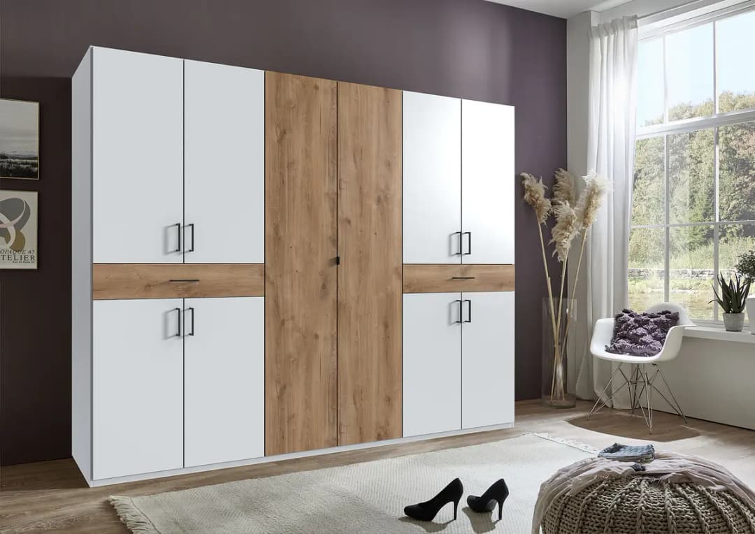 Drehtürenschrank 270cm Weiß/Weiß/Eiche Dekor | Mehrfarbig