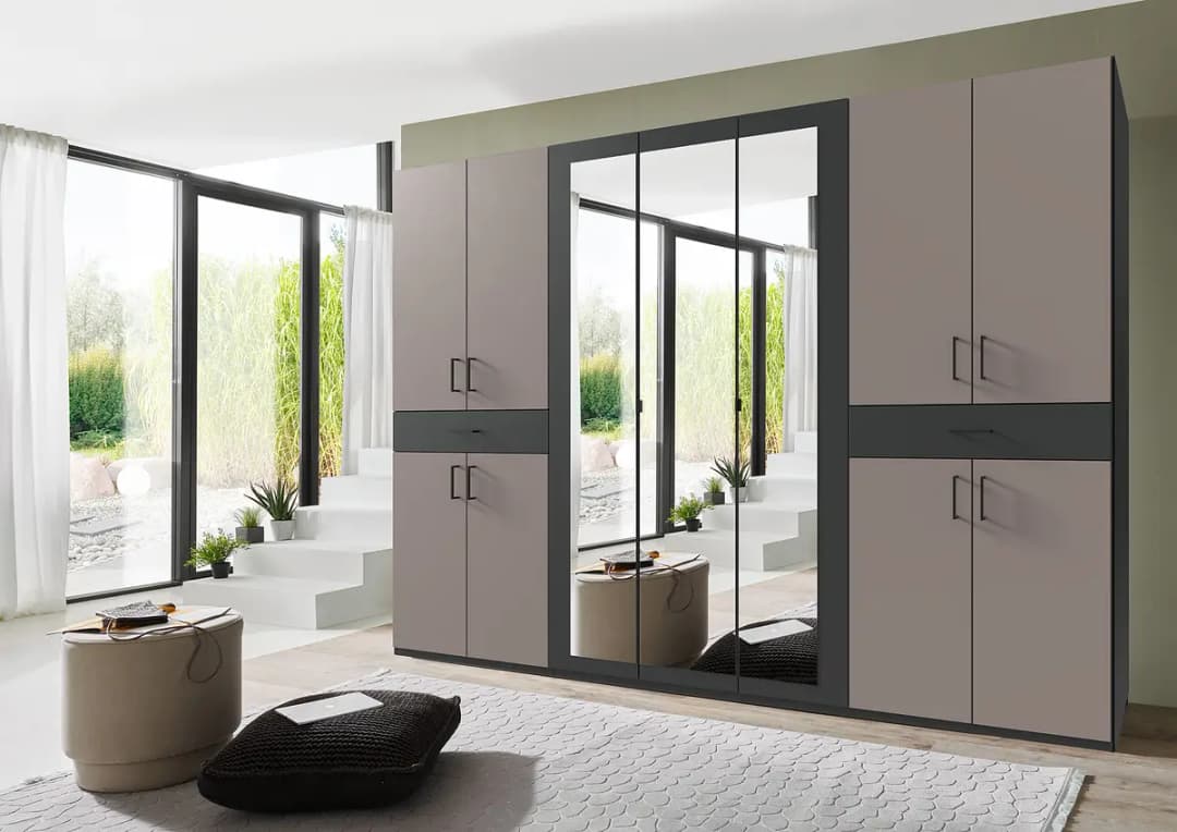 Drehtürenschrank mit Spiegel 313cm Beige/Saharagrau/Graphit