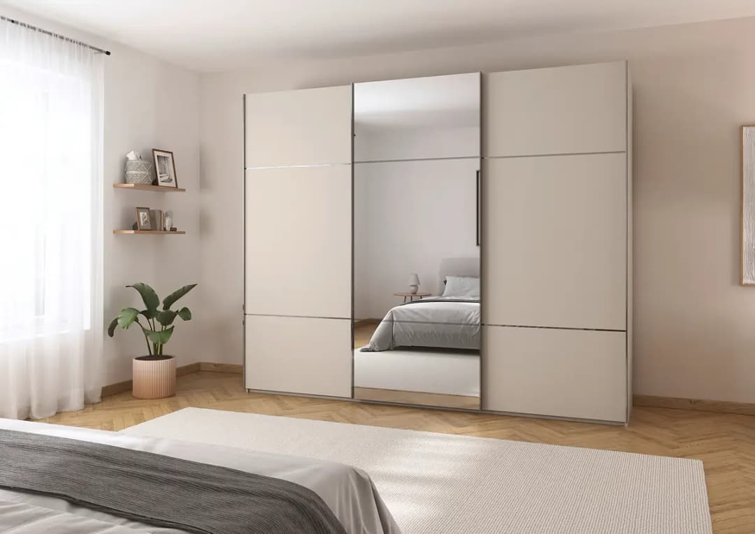 Schwebetürenschrank Covalo 301cm Beige/Champagner Chrom mit | Beige